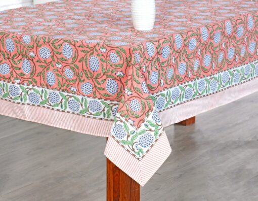 Handcrafted Indian Tablecloth Vibrant Hues of Salmon Pink, Sage Green, and Delft Blue - Image 4