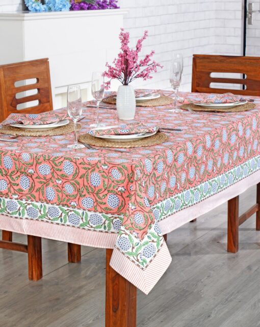 Handcrafted Indian Tablecloth Vibrant Hues of Salmon Pink, Sage Green, and Delft Blue - Image 6