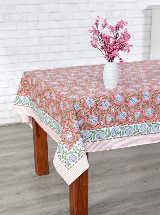Handcrafted Indian Tablecloth Vibrant Hues of Salmon Pink, Sage Green, and Delft Blue - Image 3