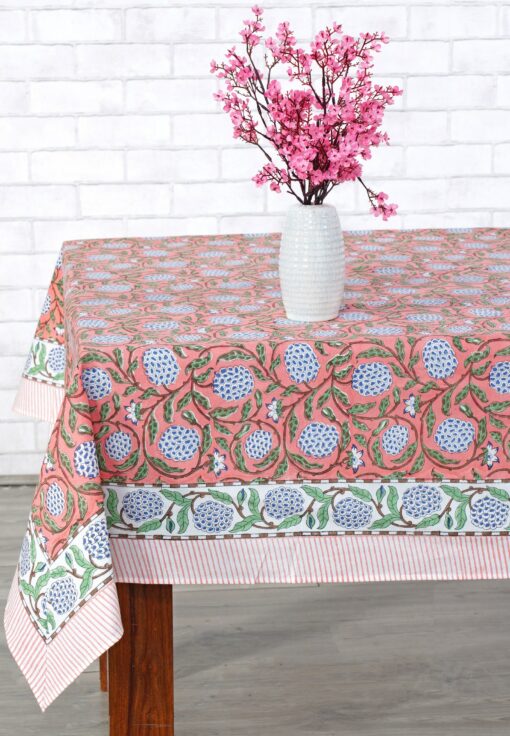 Handcrafted Indian Tablecloth Vibrant Hues of Salmon Pink, Sage Green, and Delft Blue - Image 2