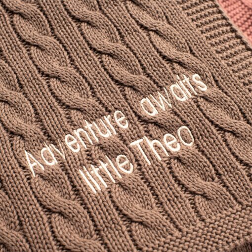 Toffee Moon Nut Brown Luxury Cotton Cable Baby Blanket Personalized with Embroidered Name and Date - Image 2