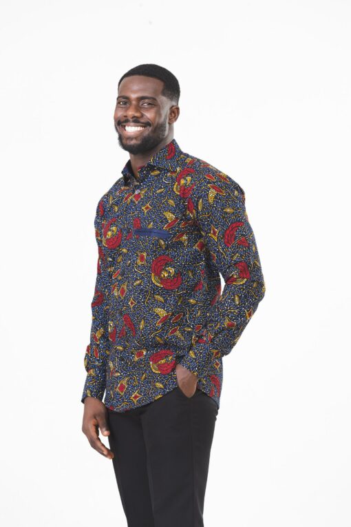 Vibrant Navy and Red Ankara Long Sleeve Ghana Shirt for Men by Zedi - Image 4