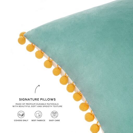 Colibri Set Vibrant Pom Pom Throw Pillow Covers for a Touch of Boho Chic (Orange/Teal) - Image 3