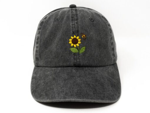 Sunflower Bee Embroidered Summer Baseball Cap Washed Cotton Curve Brim Hat - Image 3