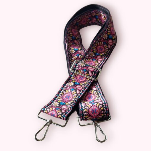 Groovy Floral Woven Crossbody Guitar Strap Purse - Pink and Black - Image 4