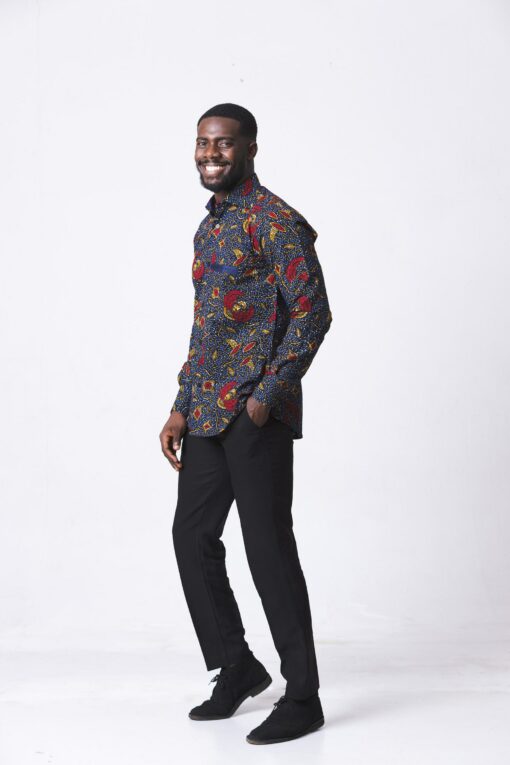 Vibrant Navy and Red Ankara Long Sleeve Ghana Shirt for Men by Zedi - Image 2