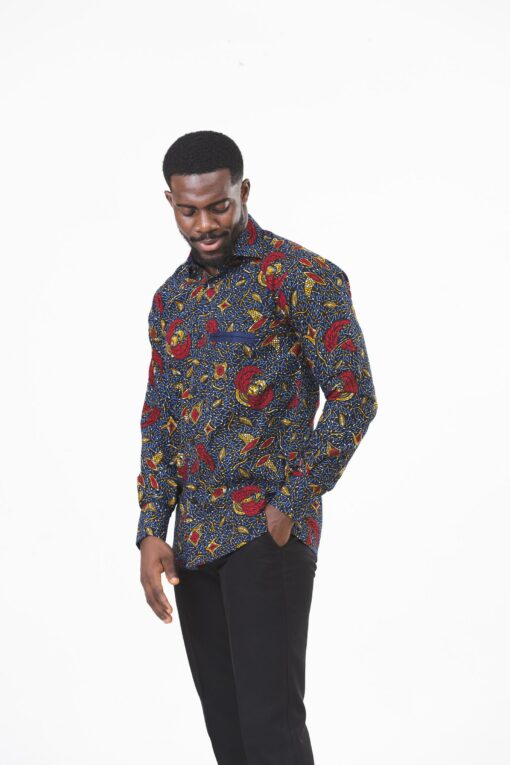 Vibrant Navy and Red Ankara Long Sleeve Ghana Shirt for Men by Zedi - Image 6
