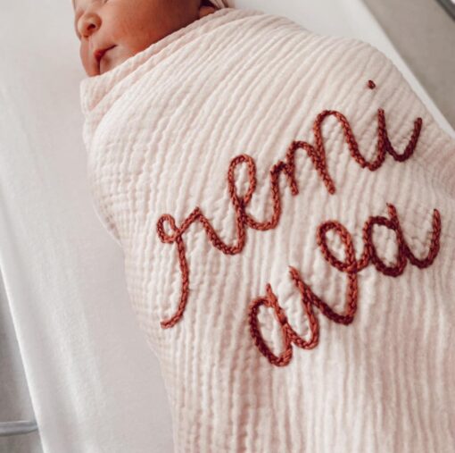 Personalized Hand Embroidered Baby Swaddle Blanket Soft, Breathable Cotton Muslin for a Cozy and Cherished Keepsake - Image 6