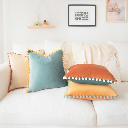 Colibri Set Vibrant Pom Pom Throw Pillow Covers for a Touch of Boho Chic (Orange/Teal) - Image 2