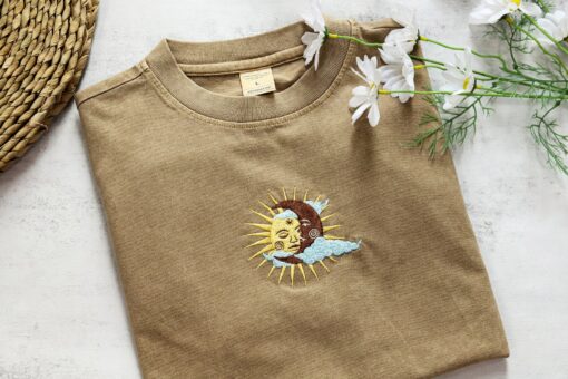 Celestial Tapestry Embroidered Sun and Moon T-shirt for Bohemian Souls - Image 5