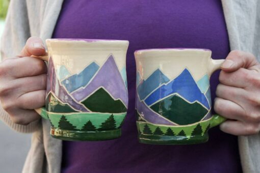 Handcrafted Spring Ceramic Mug 14 oz Teacup with Serene Mountain and Forest Illustration, Eco-Friendly Violet Purple Pottery Gift - Image 2