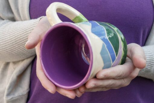 Handcrafted Spring Ceramic Mug 14 oz Teacup with Serene Mountain and Forest Illustration, Eco-Friendly Violet Purple Pottery Gift - Image 4