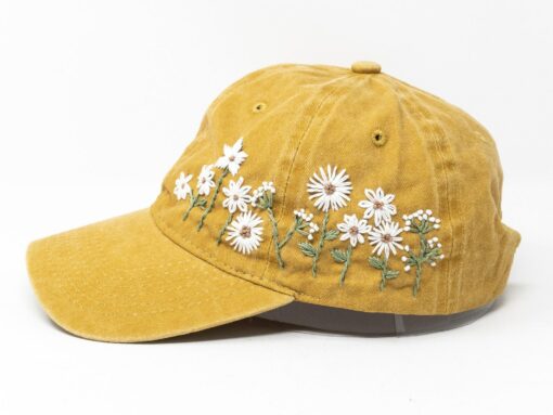 Hand-Embroidered Daisy Baseball Cap Mustard Yellow Floral Essence for Unforgettable Style - Image 2
