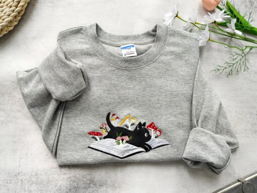 Cozy and Enchanting Embroidered Black Cat and Mushroom Sweatshirt for Cat Lovers - Image 2