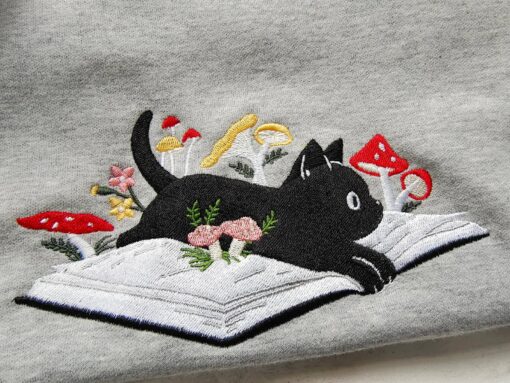 Cozy and Enchanting Embroidered Black Cat and Mushroom Sweatshirt for Cat Lovers - Image 6