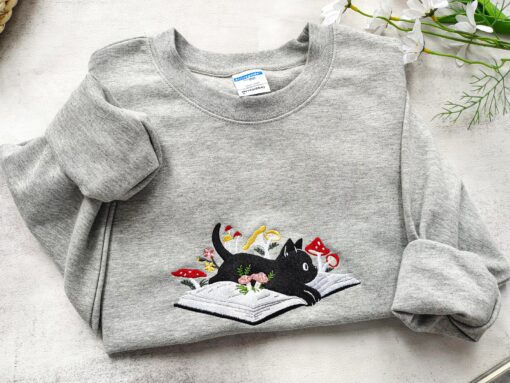 Cozy and Enchanting Embroidered Black Cat and Mushroom Sweatshirt for Cat Lovers - Image 3