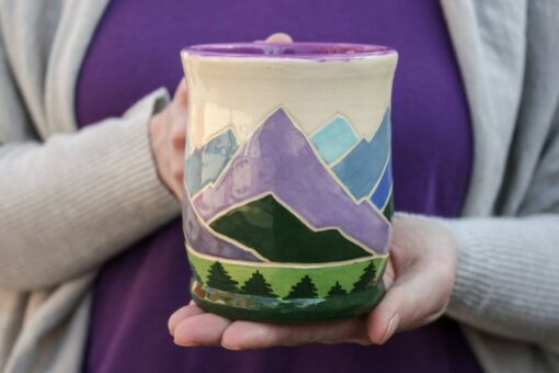 Handcrafted Spring Ceramic Mug 14 oz Teacup with Serene Mountain and Forest Illustration, Eco-Friendly Violet Purple Pottery Gift - Image 3