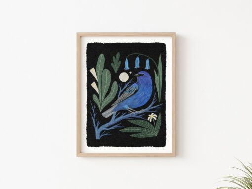 Whimsical Indigo Bunting and Moon Folk Art Nature Print Vibrant Boho Bird Wall Decor - Image 3