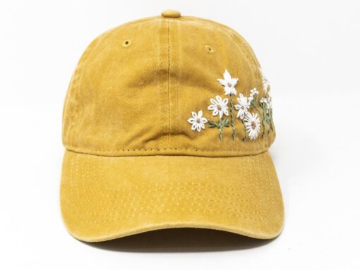 Hand-Embroidered Daisy Baseball Cap Mustard Yellow Floral Essence for Unforgettable Style - Image 3