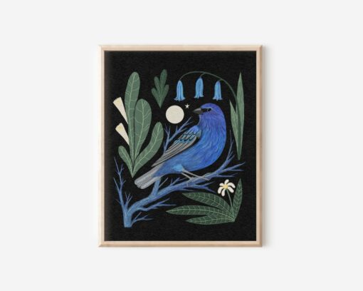 Whimsical Indigo Bunting and Moon Folk Art Nature Print Vibrant Boho Bird Wall Decor - Image 2