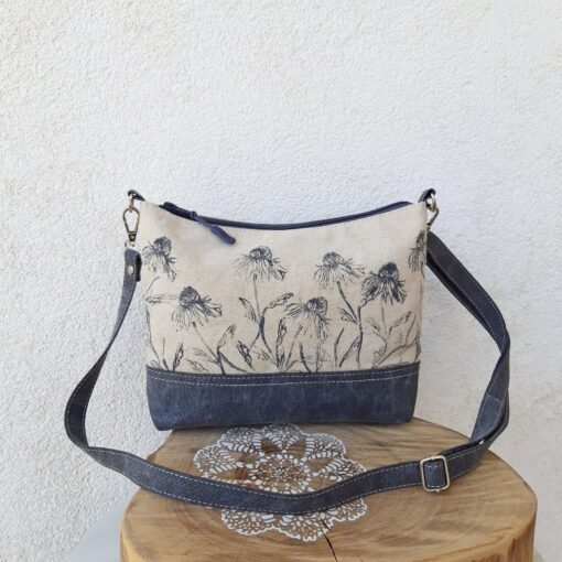 Floral Linen Crossbody Bag A Field of Blooms in Gray and White - Image 4
