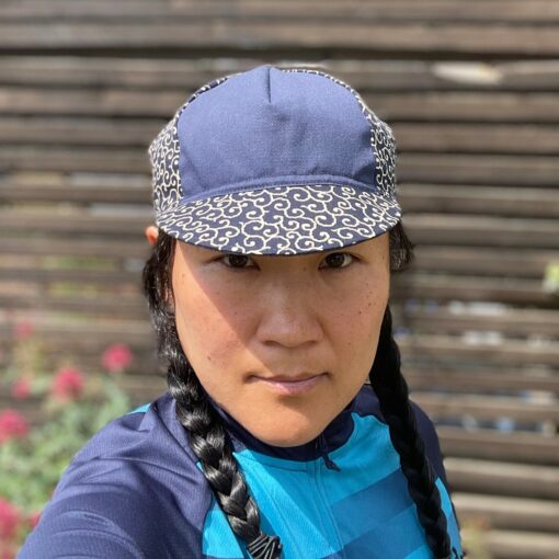 Tortoise and Hare Cycling Cap Handmade Japanese Cotton Messenger Cap with Navy Karakusa Pattern - Image 2