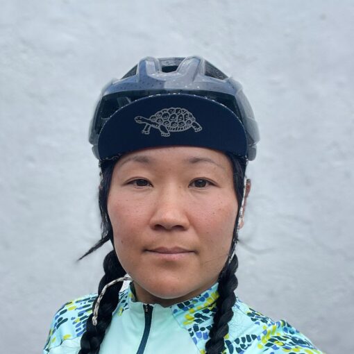 Tortoise and Hare Cycling Cap Handmade Japanese Cotton Messenger Cap with Navy Karakusa Pattern - Image 3