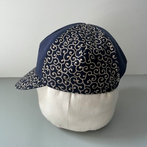 Tortoise and Hare Cycling Cap Handmade Japanese Cotton Messenger Cap with Navy Karakusa Pattern - Image 5