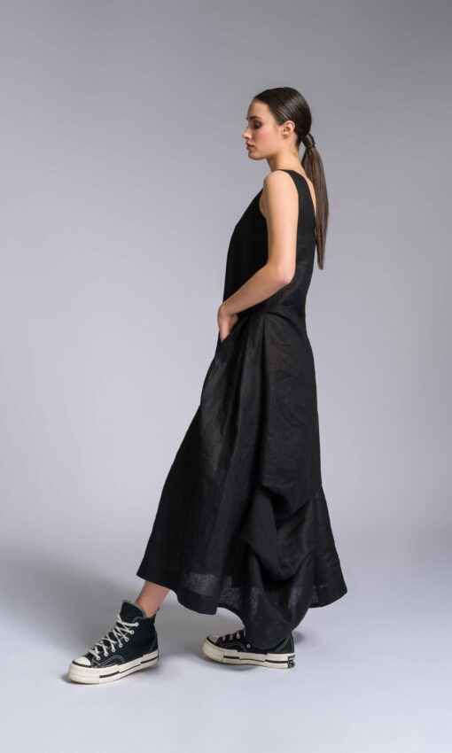 Elegant Linen A-Line Dress with Flowing Back Drape A92277 - Image 3