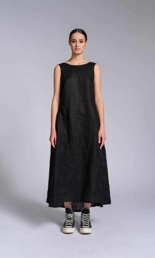 Elegant Linen A-Line Dress with Flowing Back Drape A92277 - Image 4