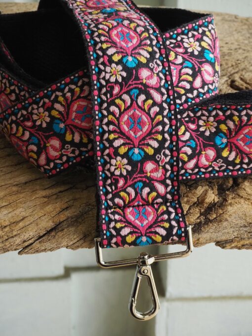 Groovy Floral Woven Crossbody Guitar Strap Purse - Pink and Black - Image 6