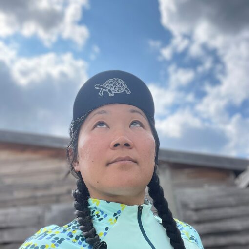 Tortoise and Hare Cycling Cap Handmade Japanese Cotton Messenger Cap with Navy Karakusa Pattern - Image 4
