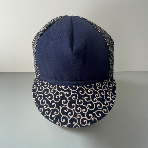 Tortoise and Hare Cycling Cap Handmade Japanese Cotton Messenger Cap with Navy Karakusa Pattern - Image 6
