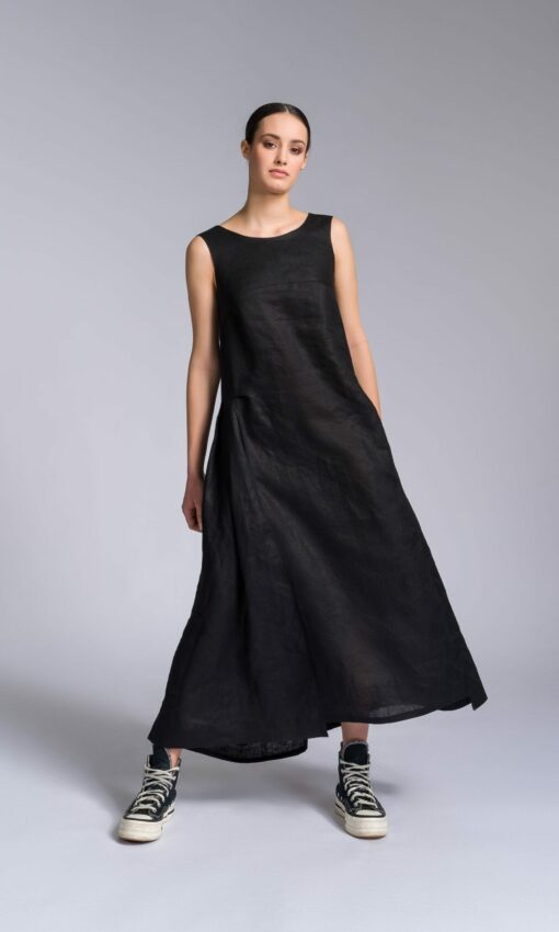 Elegant Linen A-Line Dress with Flowing Back Drape A92277 - Image 2