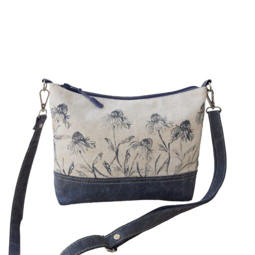Floral Linen Crossbody Bag A Field of Blooms in Gray and White - Image 2