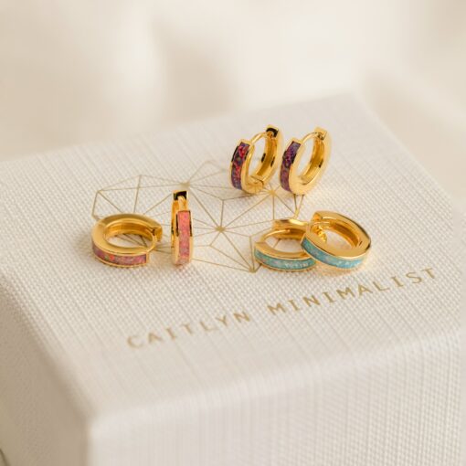Captivating Opal Inlay Huggie Earrings Embrace Minimalist Elegance with Caitlyn's Gemstone Hoops - Image 4