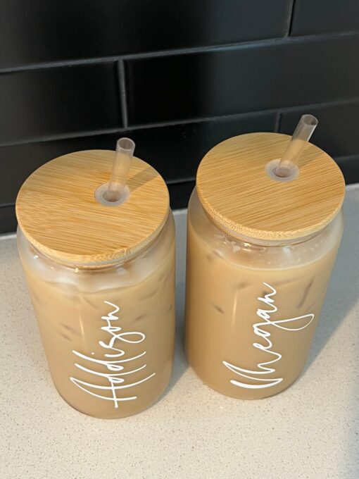 Personalized Iced Coffee Cup 20oz Glass Cup, Custom Beer Can Glass with Lid and Straw, Bridesmaid Gift, Bridesmaid Proposal - Image 4