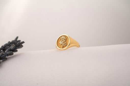 Personalized Floral Signet Ring Birth Flower and Sunflower, Delicate Pinky Ring for Women - Image 6