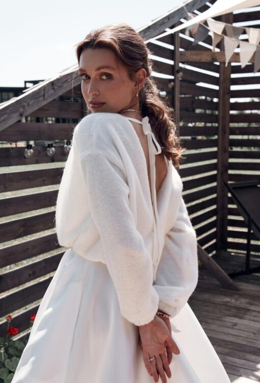 Enchanting Bridal Embrace Ivory Knitted Cardigan with Ribbons for an Autumn Wedding - Image 2