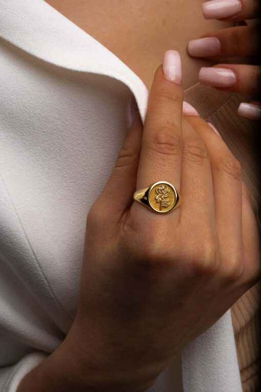 Personalized Floral Signet Ring Birth Flower and Sunflower, Delicate Pinky Ring for Women - Image 2