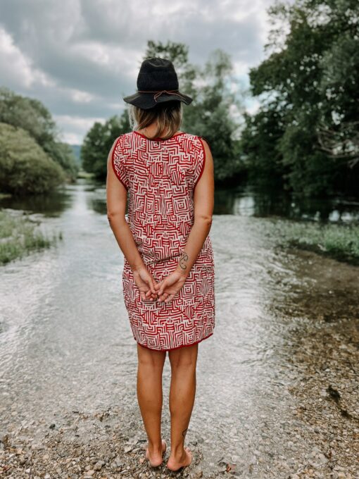 Vibrant Red and White Block Print Tunic Dress with Functional Pockets - Image 5
