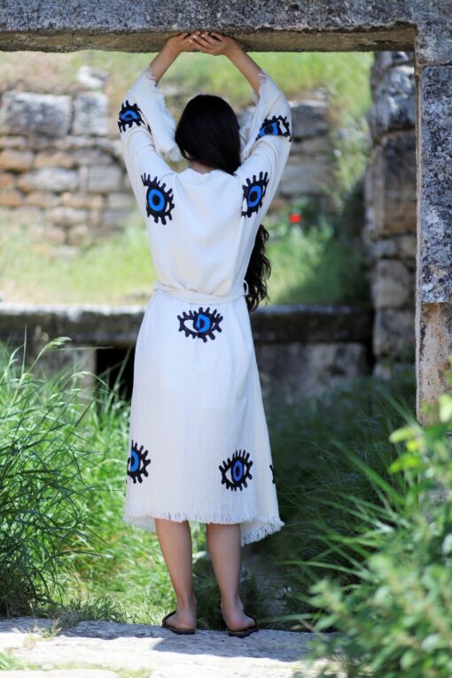 Organic Fringes Muslin Kimono Embrace Bohemian Chic with Our Evil Eye Cotton Robe - Image 4