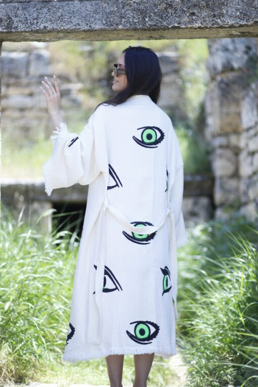 Organic Fringes Muslin Kimono Embrace Bohemian Chic with Our Evil Eye Cotton Robe - Image 6
