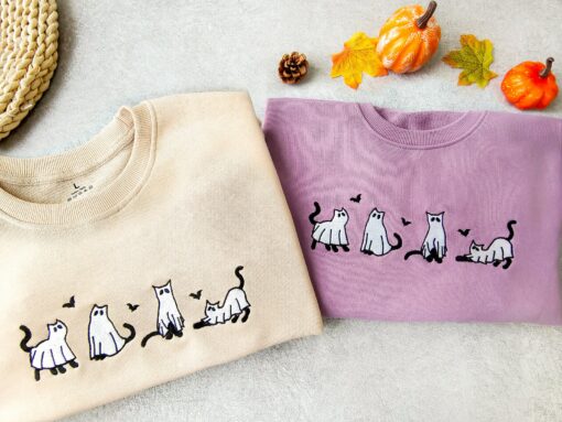 Embroidered Ghost Cats Sweatshirt Spooky Season's Purrfect Hoodie for Cat Lovers - Image 3
