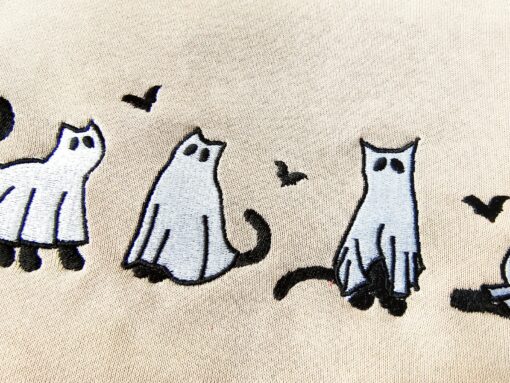 Embroidered Ghost Cats Sweatshirt Spooky Season's Purrfect Hoodie for Cat Lovers - Image 5