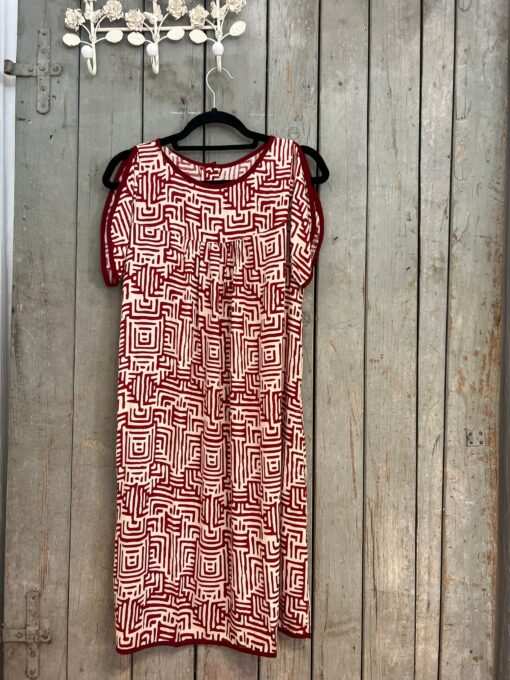 Vibrant Red and White Block Print Tunic Dress with Functional Pockets - Image 6