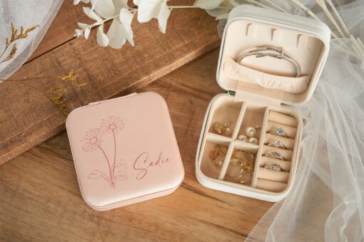 Personalized Birth Flower Jewelry Travel Box A Cherished Keepsake for Bridesmaids and Loved Ones - Image 3