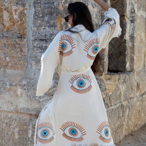 Organic Fringes Muslin Kimono Embrace Bohemian Chic with Our Evil Eye Cotton Robe - Image 2