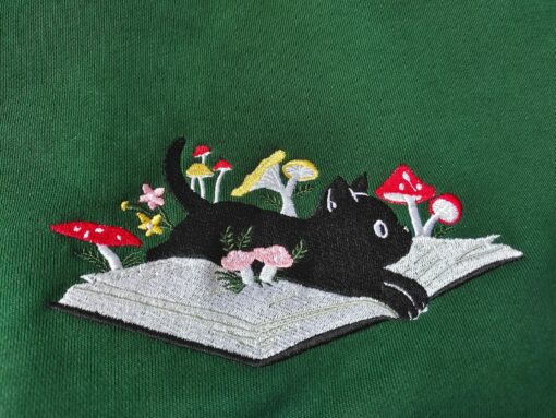 Cozy and Enchanting Embroidered Black Cat and Mushroom Sweatshirt for Cat Lovers - Image 5