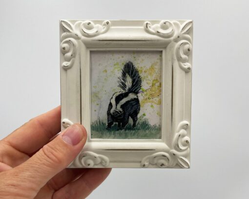 Skunk Framed Miniature Watercolor Art Print Captivating Wildlife in a Tiny Masterpiece - Image 4